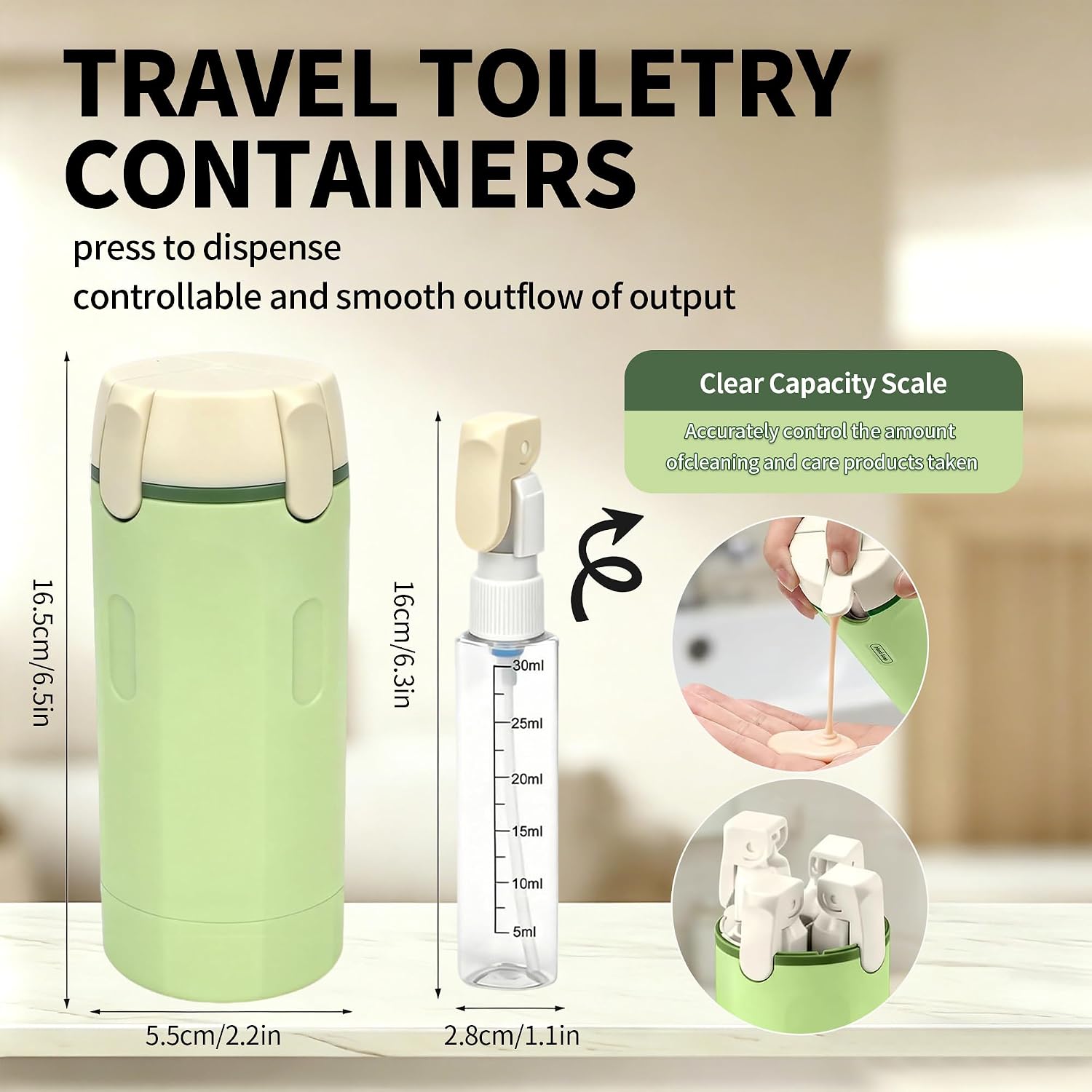 4-in-1 Travel Dispenser Bottle, Leak-Resistant Toiletry Containers, TSA Compliant Refillable Pump Bottles for Shampoo, Lotion, Conditioner - Portable Essentials for Flying, Gym & Camping(Green)