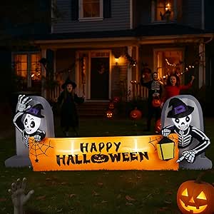 9.61 FT Halloween Inflatable Skeleton Tombstone Banner Outdoor Yard Decoration with Built-in LEDs