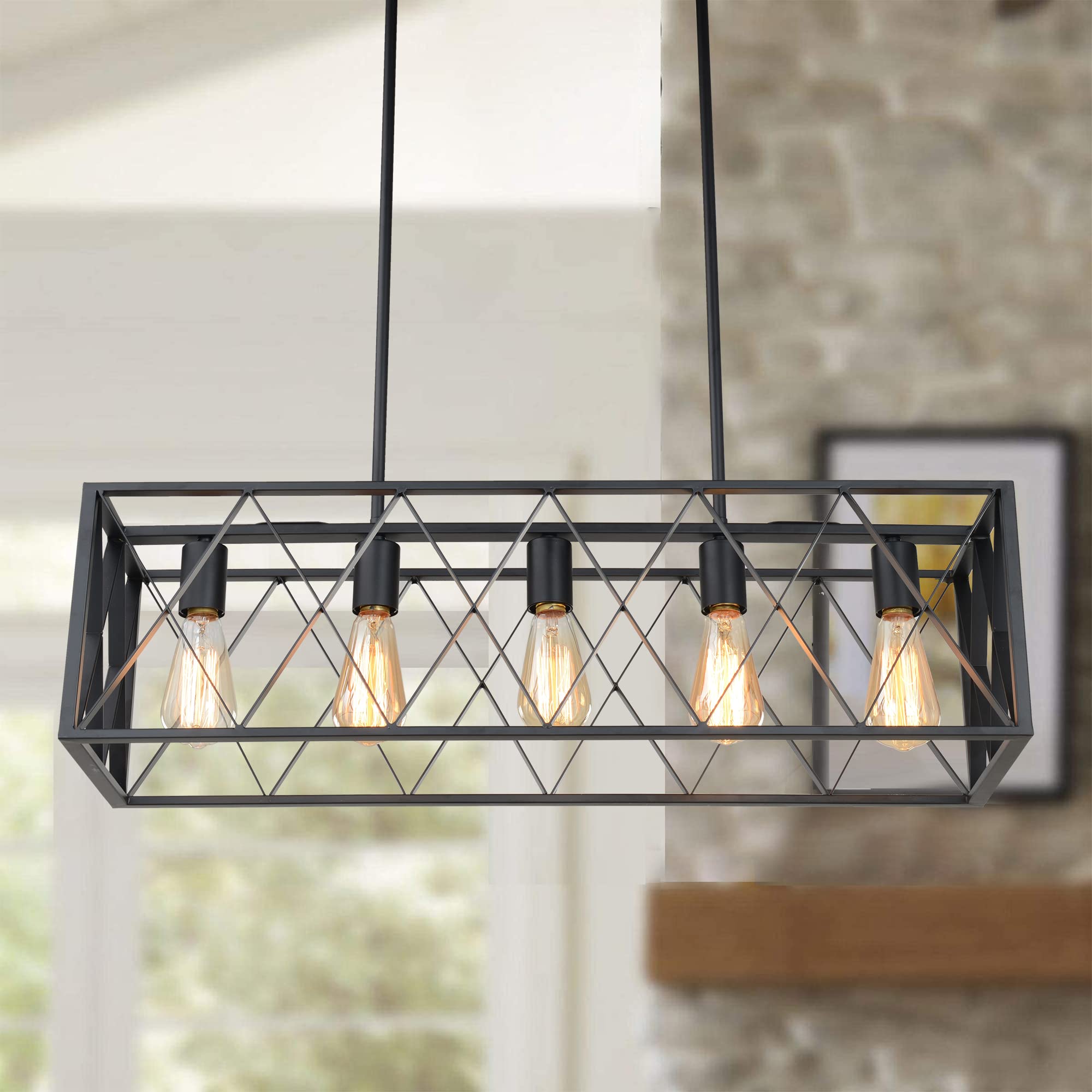 KARMIQI Black 5Light Farmhouse Chandelier, Industrial Rectangular Cage