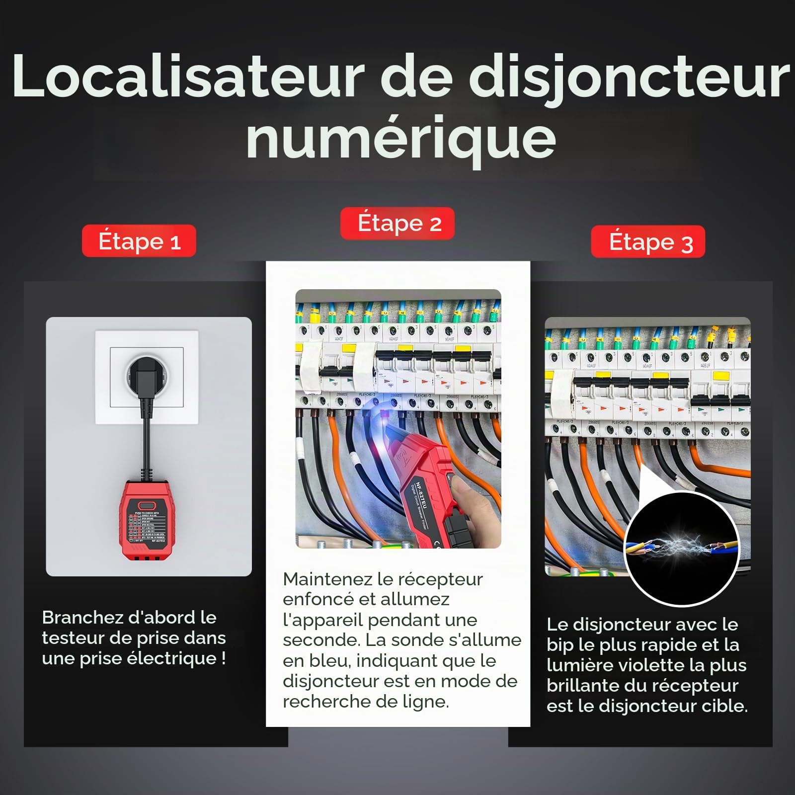 NOYAFA NF-827EU Testeur de prise, localisateur de fusible avec test RCD, localisateur de circuit électrique avec détecteur de tension sans contact, 6 fonctions de diagnostic d’erreur pour testeur de