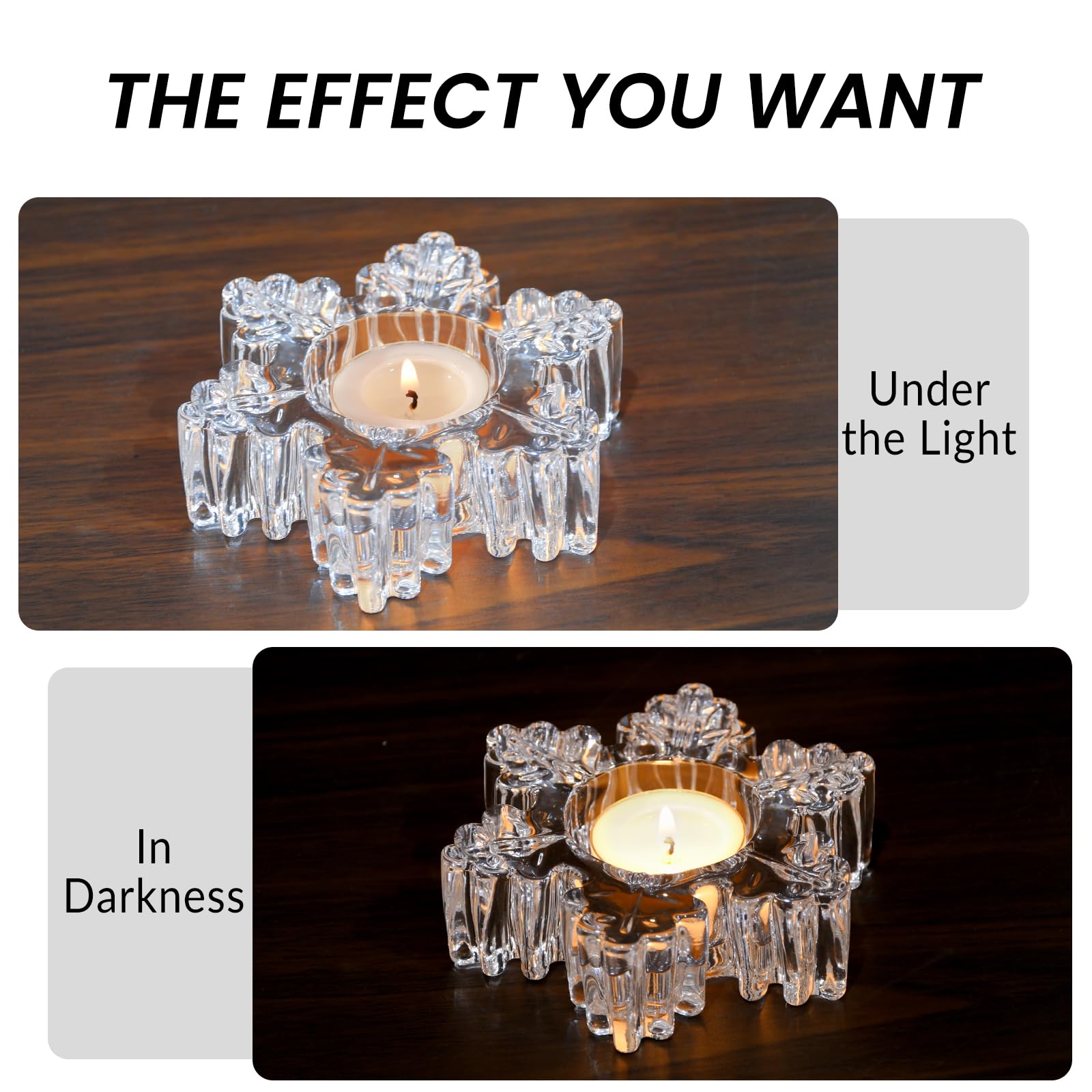 Lot de 4 photophores en verre transparent en forme de flocon de neige pour décoration de table, centre de table de mariage d'hiver, fournitures de fête de Noël