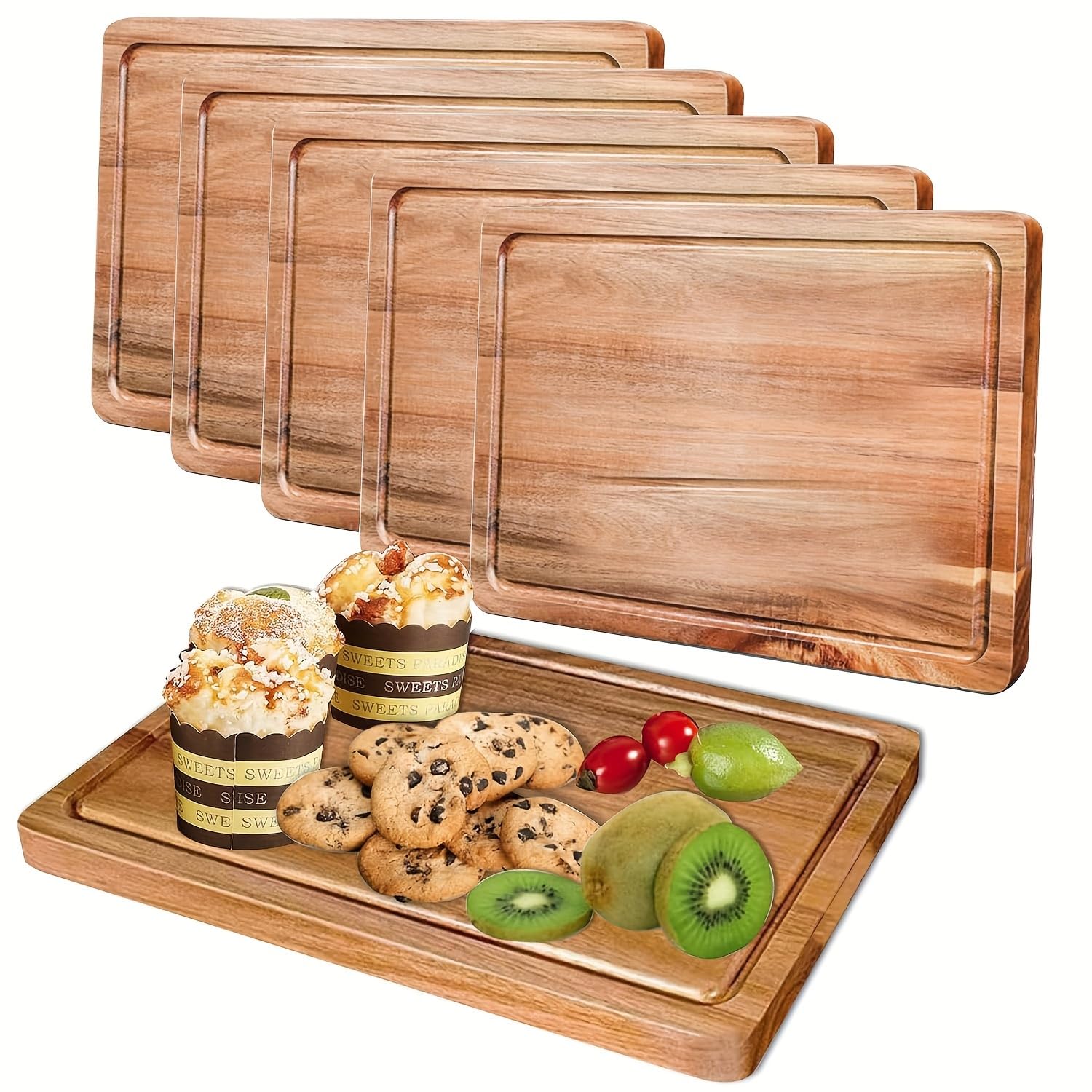 Lot de 6 planches à découper en bois pour cuisine, bloc de boucher, planche à charcuterie au fromage, avec poignées latérales et rainures pour jus, 20,1 x 30 cm