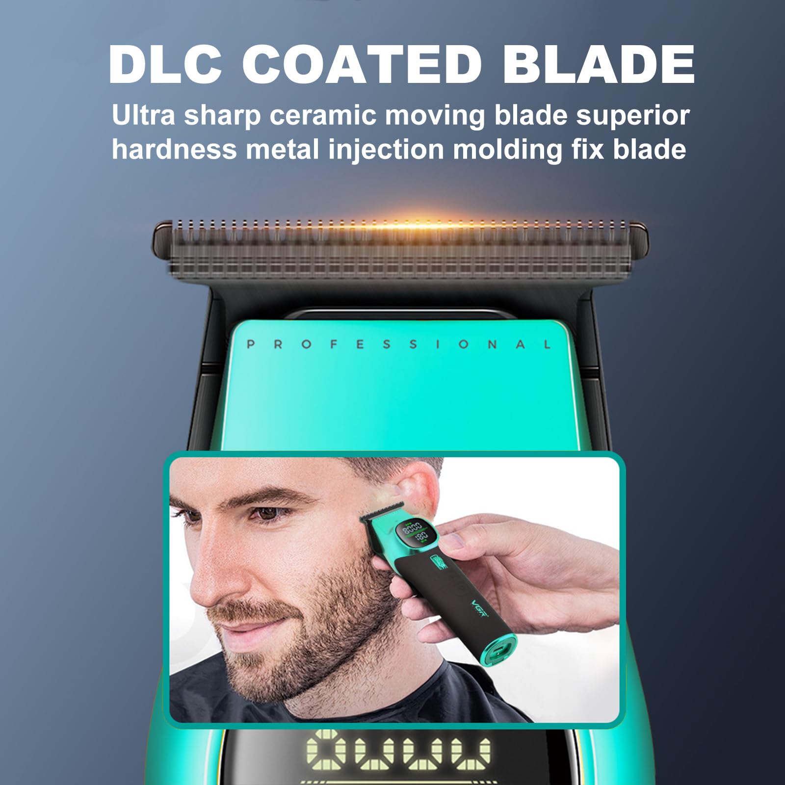VGR 885T - Rasoio per capelli da uomo, T-Blade, display a LED, 180-220 min | Spot luce LED, 6000-8000 giri/min, velocità 21 livelli, batteria 2000mAh, manico in silicone design antiscivolo