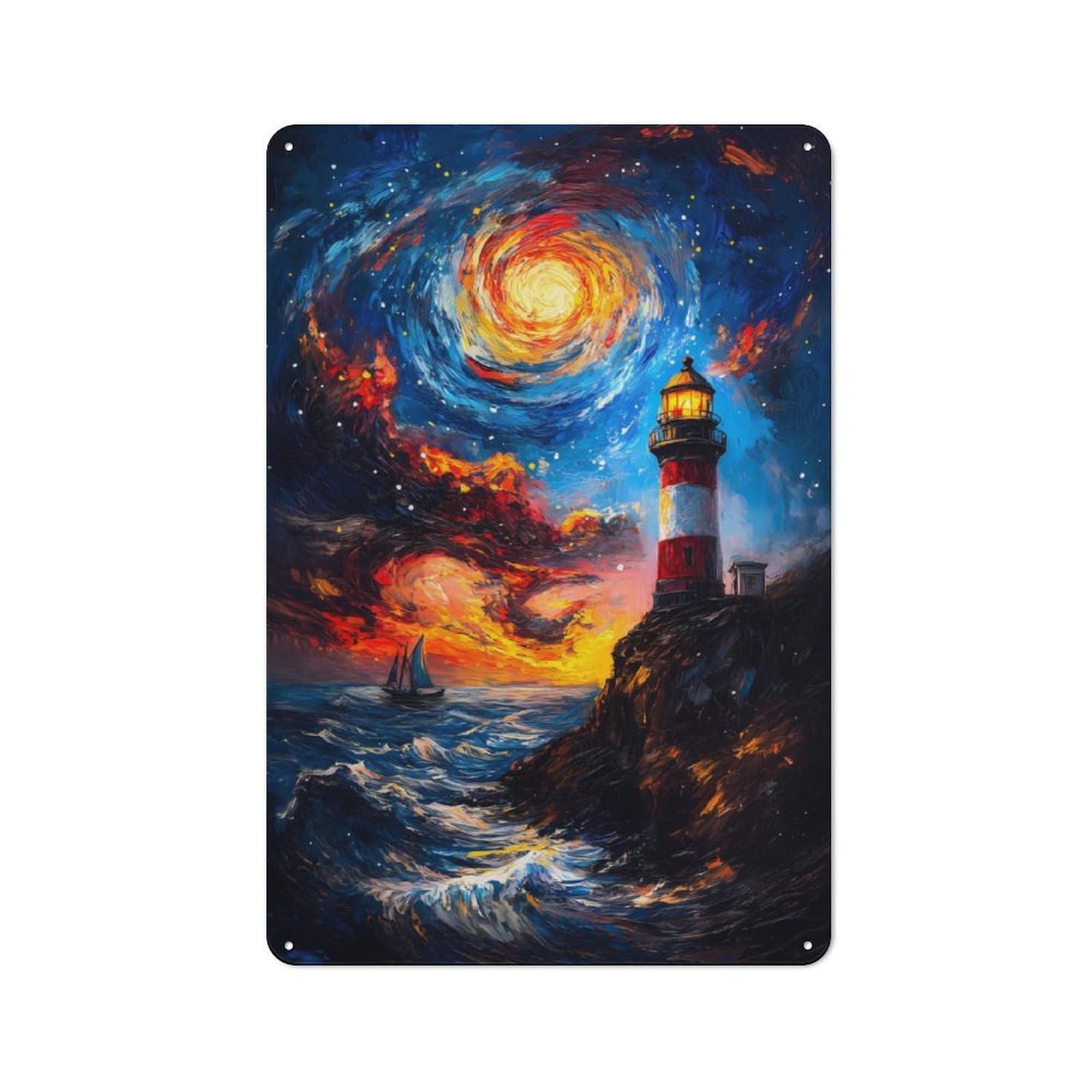 Junmoney Lighthouse Under Starry Sky Tin Sign 30X20cm With For Café Or Home Bar, Retro Decor, Gift For Café-Style Decor Fans During The Christmas Season