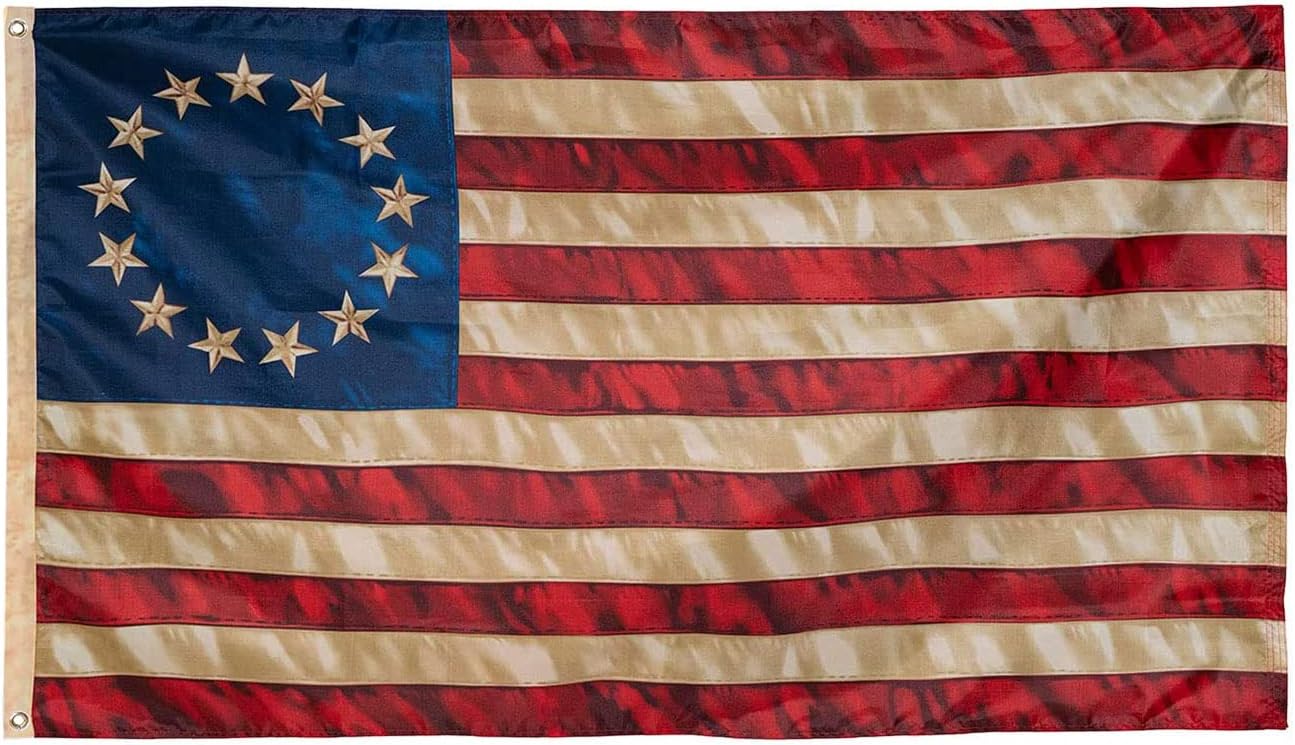 USA Flag Co. Historical Betsy Ross Flag 3x5 foot | Heavy Duty Polyester, Embroidered Stars, Sewn Stripes, Brass Grommets (Heritage Tea Stained)