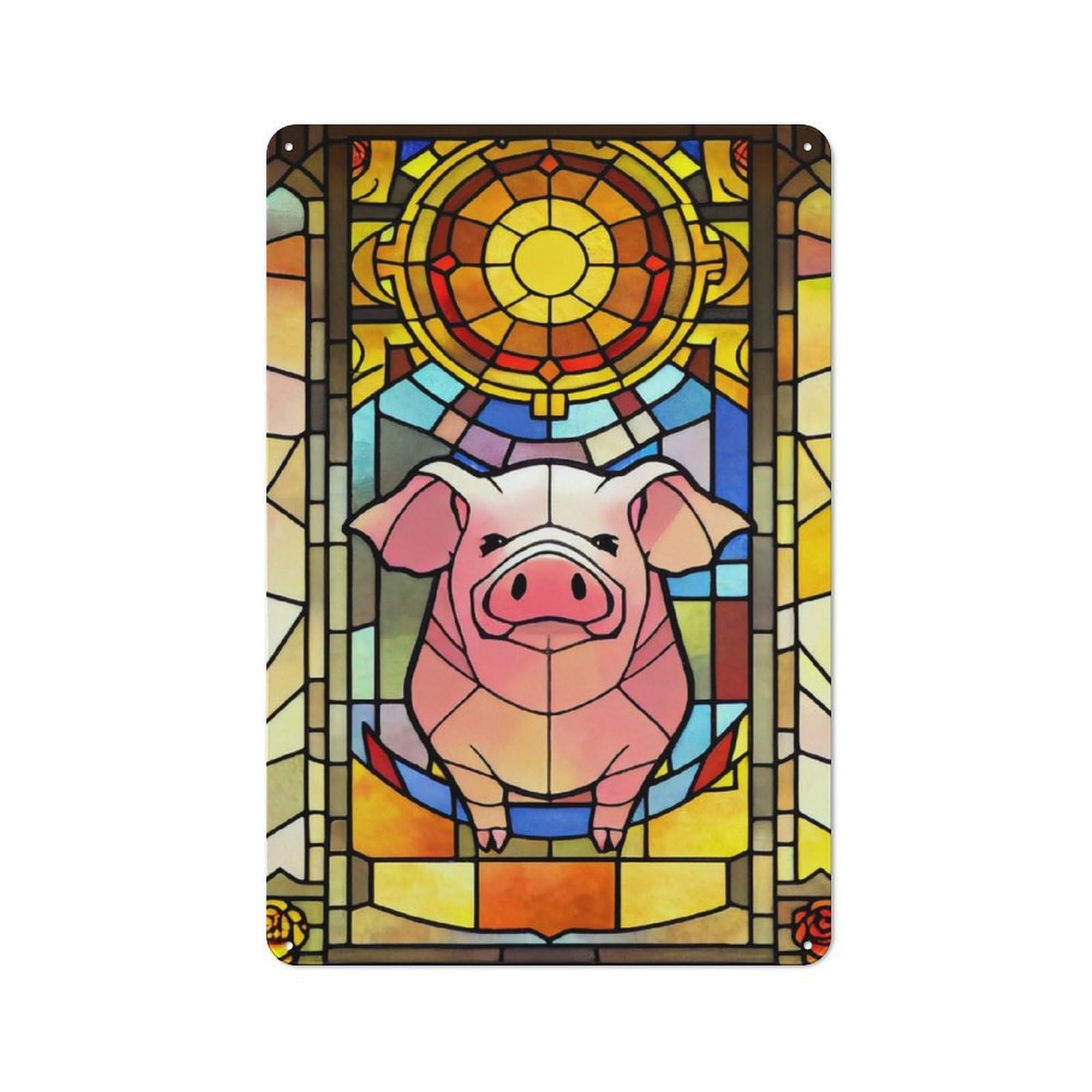 Junmoney Style-3 For Garden Room Or Summerhouse, Stained Glass Pig Window Art Retro Tin Sign 30X20cm, Suited To Wall Displays In Garden Rooms And Summerhouses