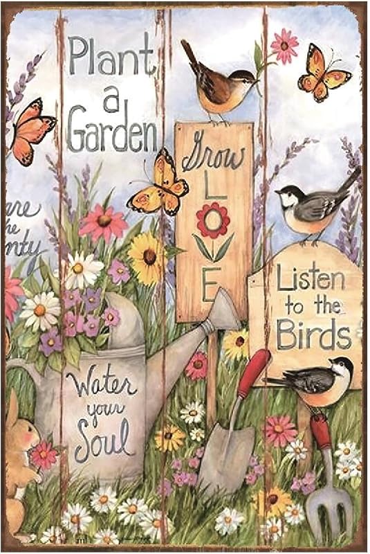 Funny Flowers Birds Metal Sign, Metal Country Rustic Tin Sign, Plant a Garden Water You Soul, Yard Sign Garage Farm Outside Garden Wall Decor Sign Plaque Outdoor for Home Fence 8 X 12 Inch