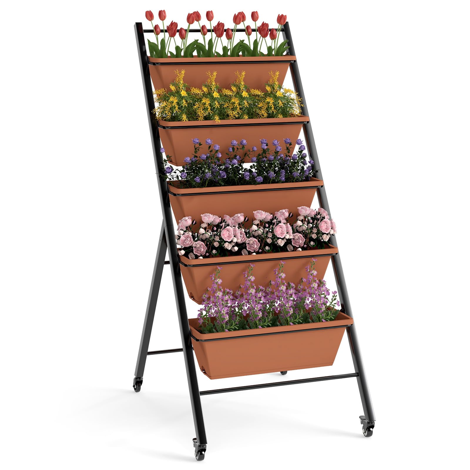 HOMASIS Jardinera de Balcón de 5 Estantes con 4 Ruedas, Estante para Plantas con 2 Ruedas con Freno, Carro para Plantas, Flores, Verde, Jardín, Balcón, Jardinera de Patio (Marrón, 57 x 74 x 132 cm)