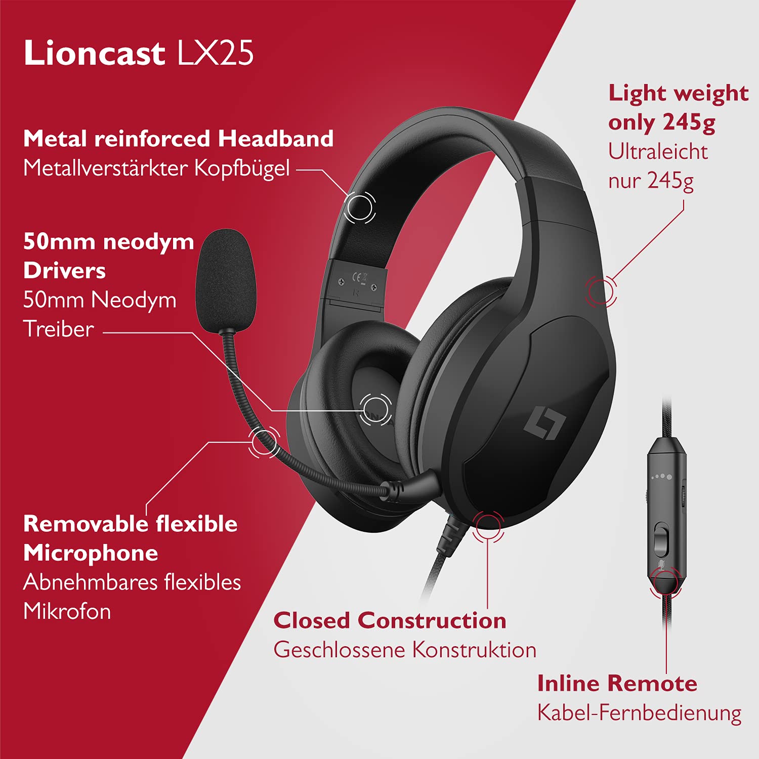 Lioncast® LX25 Gaming Headset mit abnehmbaren Mikrofon [Stereo Sound]- Gaming Kopfhörer für Playstation 5 PS5/PS4/XBox/Nintendo Switch/PC/Mac - Kabel AUX/Klinke - Gamer Headset - Smartphone Kopfhörer