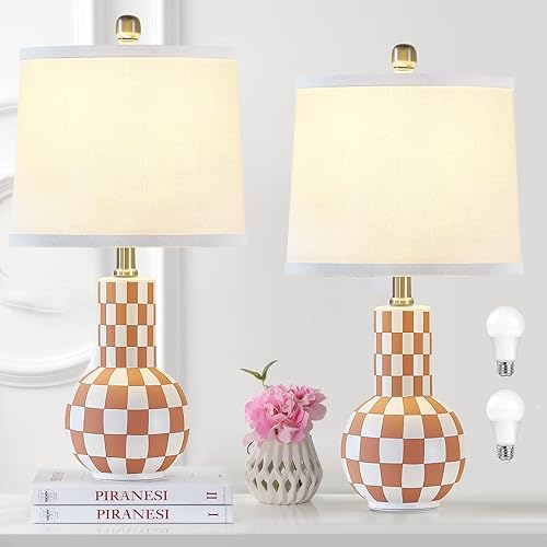 Miniatura 1 de Juego de 2 lámparas de mesa de cerámica de 21 pulgadas, lindas lámparas de escritorio de color albaricoque rosa para dormitorio, temperatura de