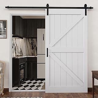 42in x 84in Sliding Barn Door with 7FT Barn Doors Hardware Track Kit Included, Heavy Solid Water-Resistant Anti-Scratch MDF Wood Barn Door, Simple DIY Assembly, Easy to Install, K-Frame, White