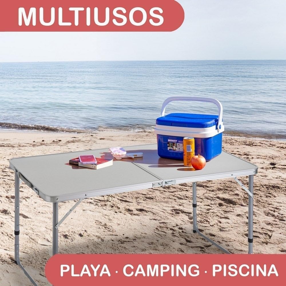 Mesa plegable camping y playa 120x60x70 cm, atura regulable 50-60-70 cm, mesa picnic portátil con asa transporte, patas plegables acero, tablero MDF aspecto madera nogal, gris, antivuelco y compacta.