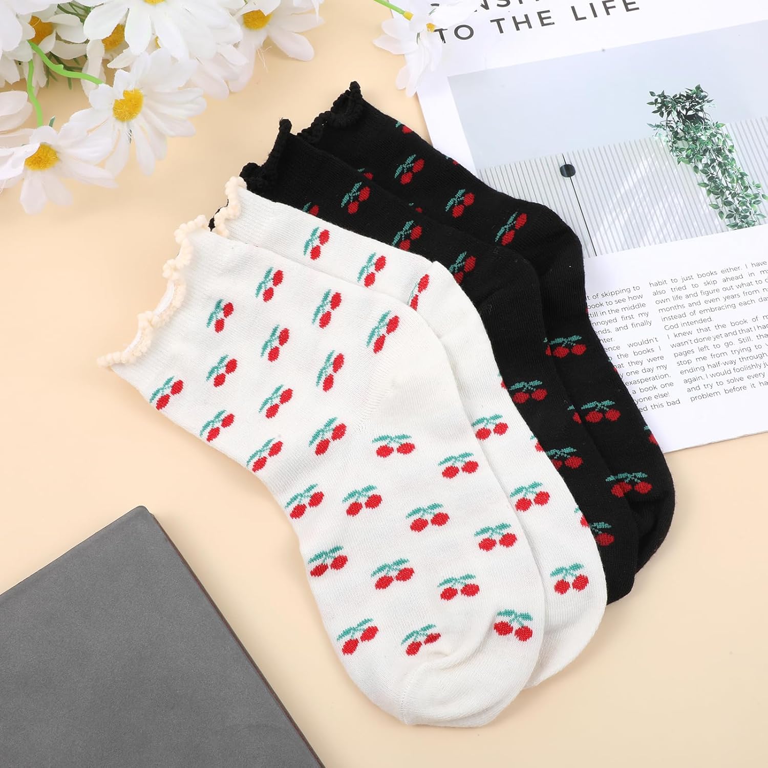 2 Pairs Cute Ankle Crew Socks, Cherry Socks Cotton Ruffle Frilly Trim Thin Breathable Casual Athletic Novelty Socks for Women Girls - Image 2