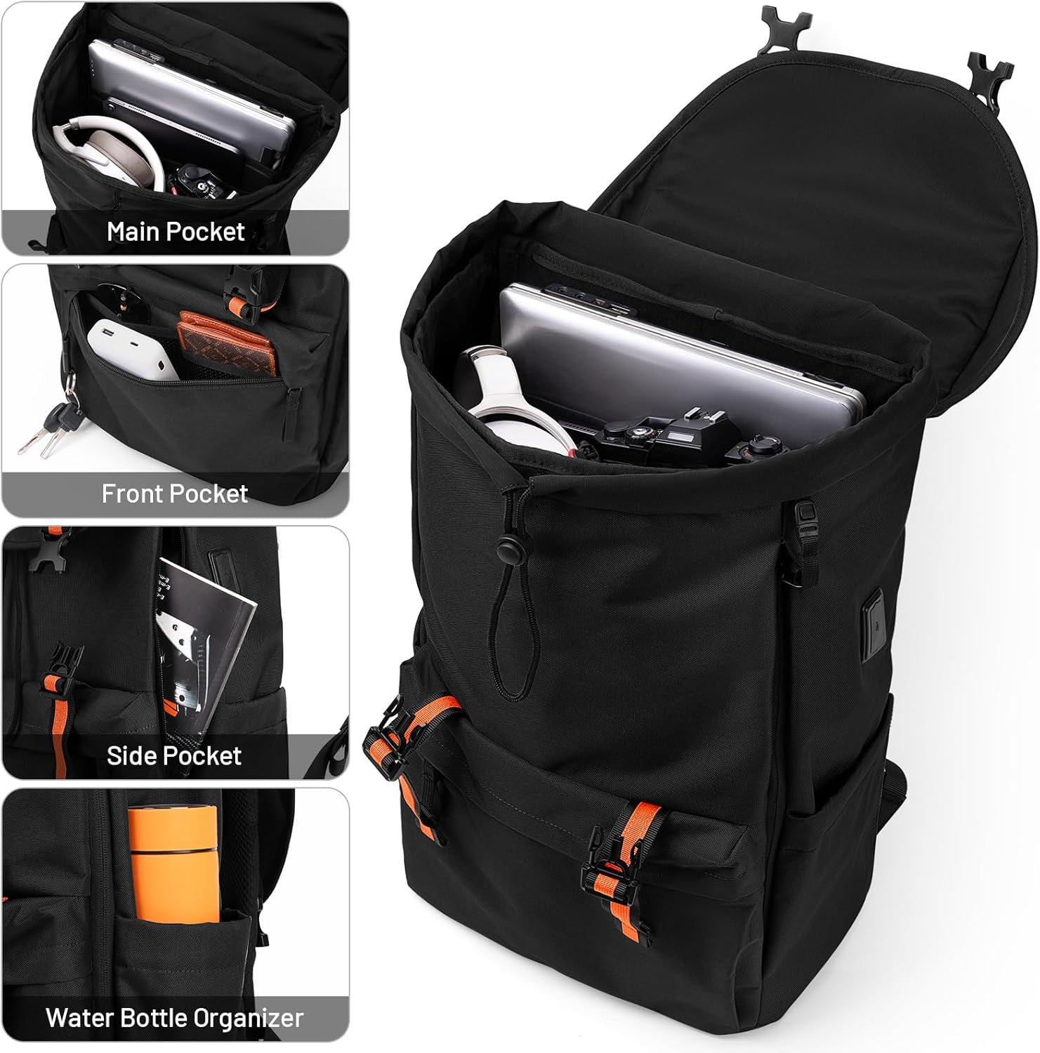 Flap Vintage Laptop Backpack, Lightweight & Water-Resistant Casual Daypack Backpack, Vintage Classic Rucksack for 13-15.6 Inch Laptop, for Campus, Street, Commute 22L Black