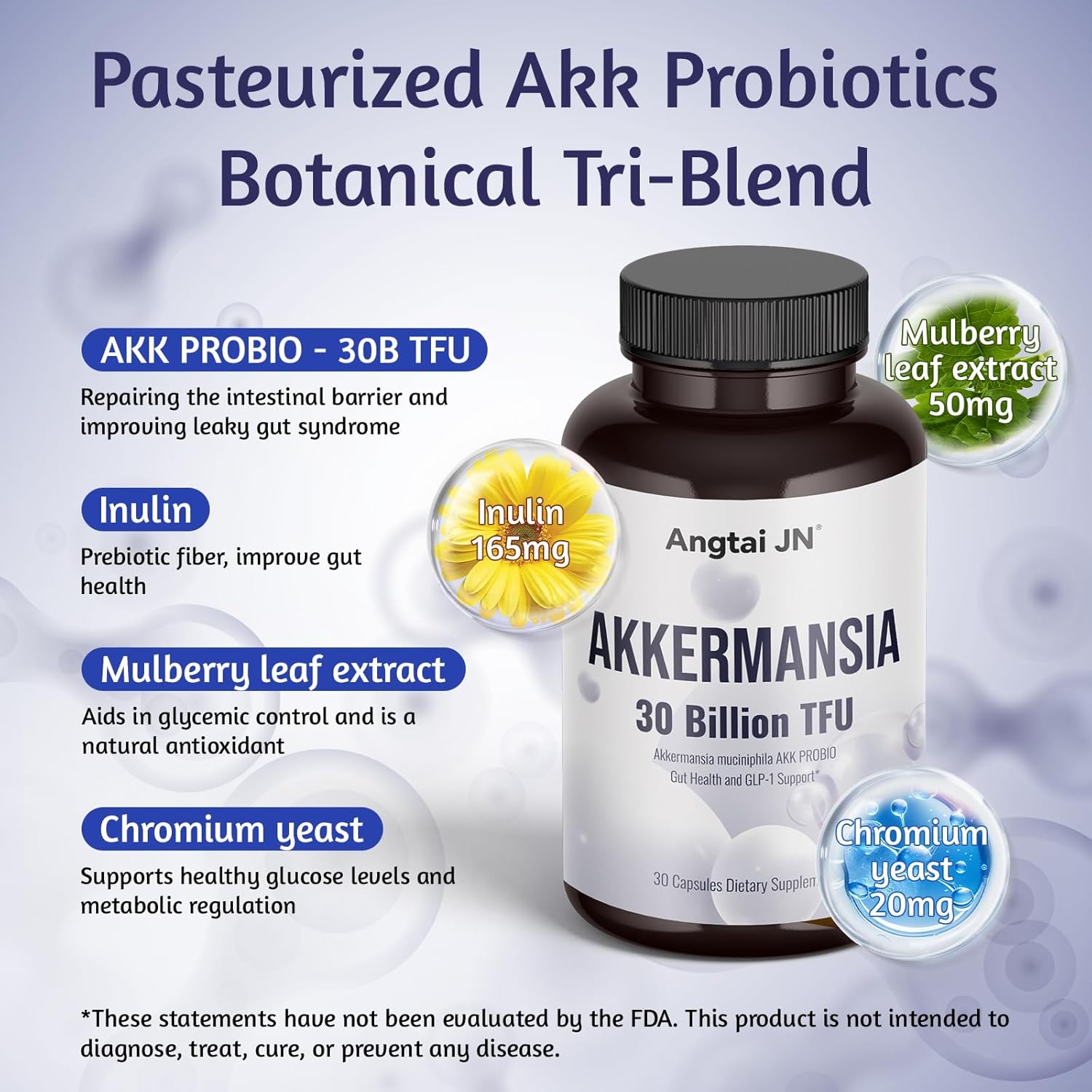 Akkermansia Muciniphila Probiotic 30 Billion TFU, Pasteurized Form, with Natural Prebiotic Inulin, GLP-1 Supplement for Gut Health & Digestion, Shelf Stable, 30 Vegan Capsules