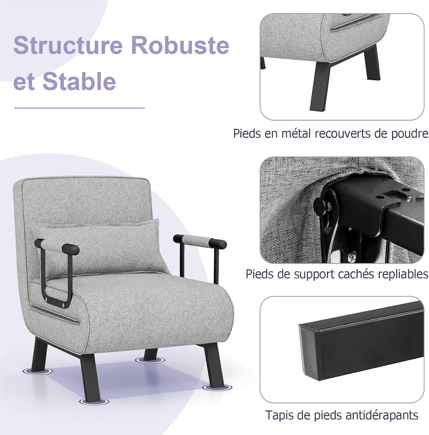 Diagram showing the ergonomic backrest with 6 adjustable positions from 0 to 85 degrees