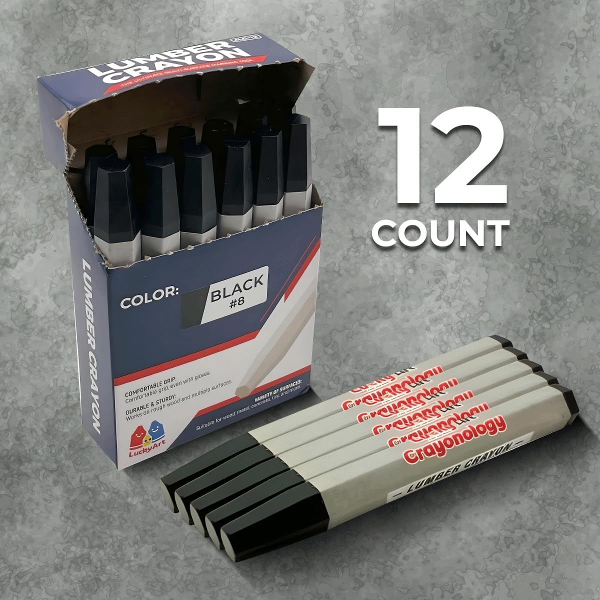Lumber Crayons – Black, Pack of 12 | Hexagonal Construction Marking Crayons for Wood, Concrete, Asphalt, Metal | Durable, Smudge-Free, Break-Resistant