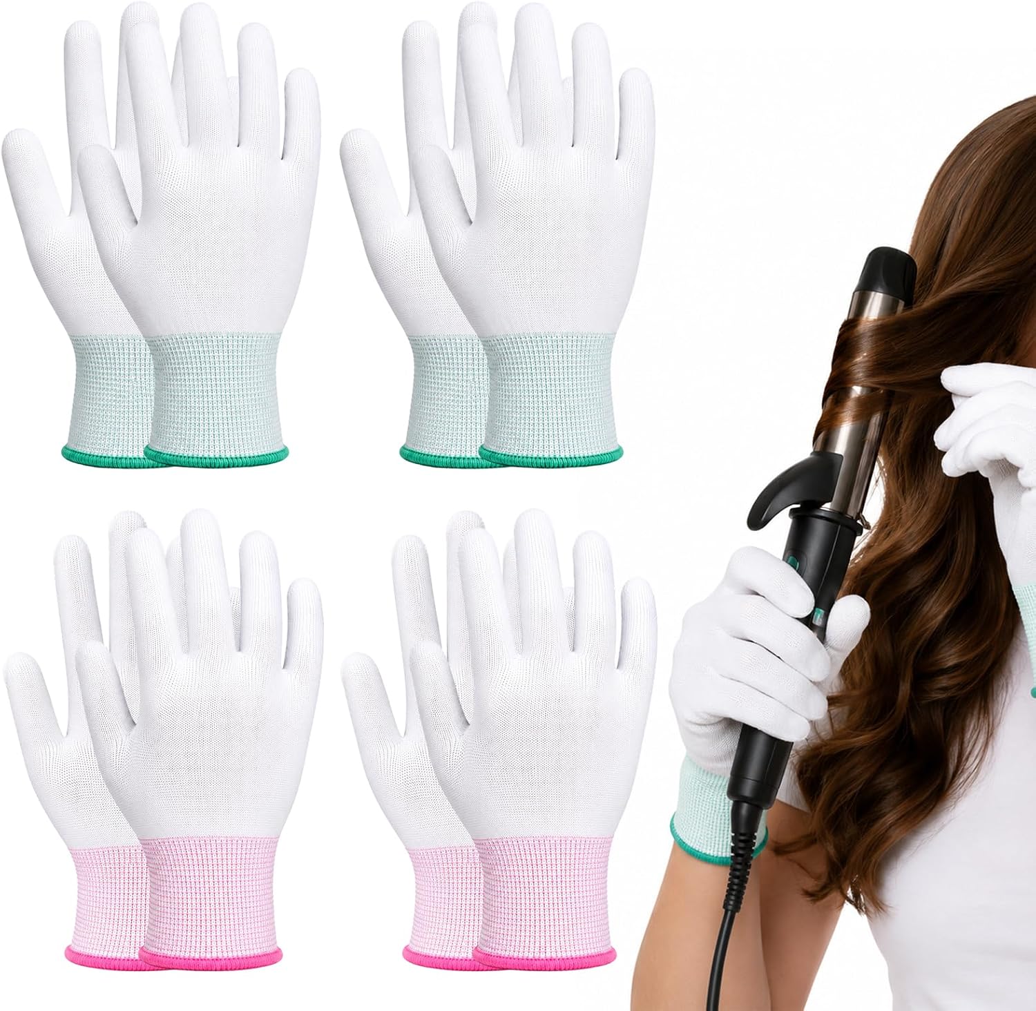 8 Pcs Heat Gloves for Hair Styling, PU Coated Heat Protection Gloves with Silicone Fingers, for Curling Iron and Flat Iron, Suitable for Sublimation Heats Transfer Printing, Pink & Green
