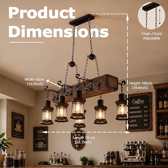 LightInTheBox 6-Lights Retro Farmhouse Chandelier, Industrial Wood Beam Pendant Light Metal Glass Lampshade Hanging Lighting Fixture for Kitchen Island Pool Table Bar