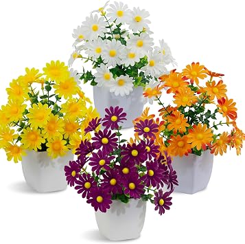 LOYWREE 4 Pack Small Artificial Mums Flowers in White Pots, Fake Mini Potted Plants, Spring Floral Decor for Home Bathroom Shelves Office Desk Table Centerpiece Indoor Decoration