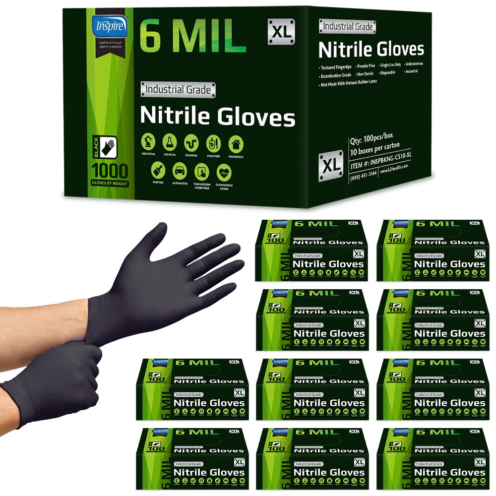 Inspire HEAVY DUTY 6Mil ORIGINAL Quality Stretch Nitrile Black Gloves Disposable Latex Free |Medical, Food, Mechanic, Tattoo