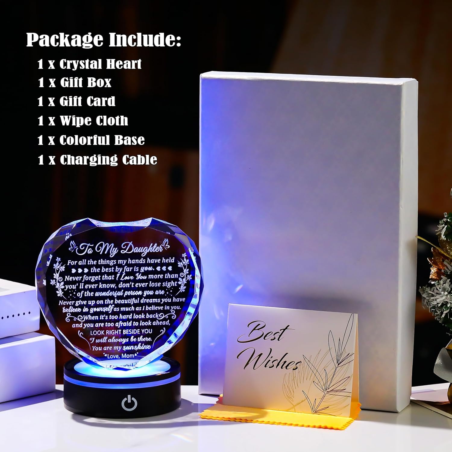 Daughter Gifts from Mom Birthday Gifts Ideas for Daughter Crystal Heart Keepsakes with LED Light Base Glass Meaningful Presents for Best Daughters on Christmas Graduation - Image 6