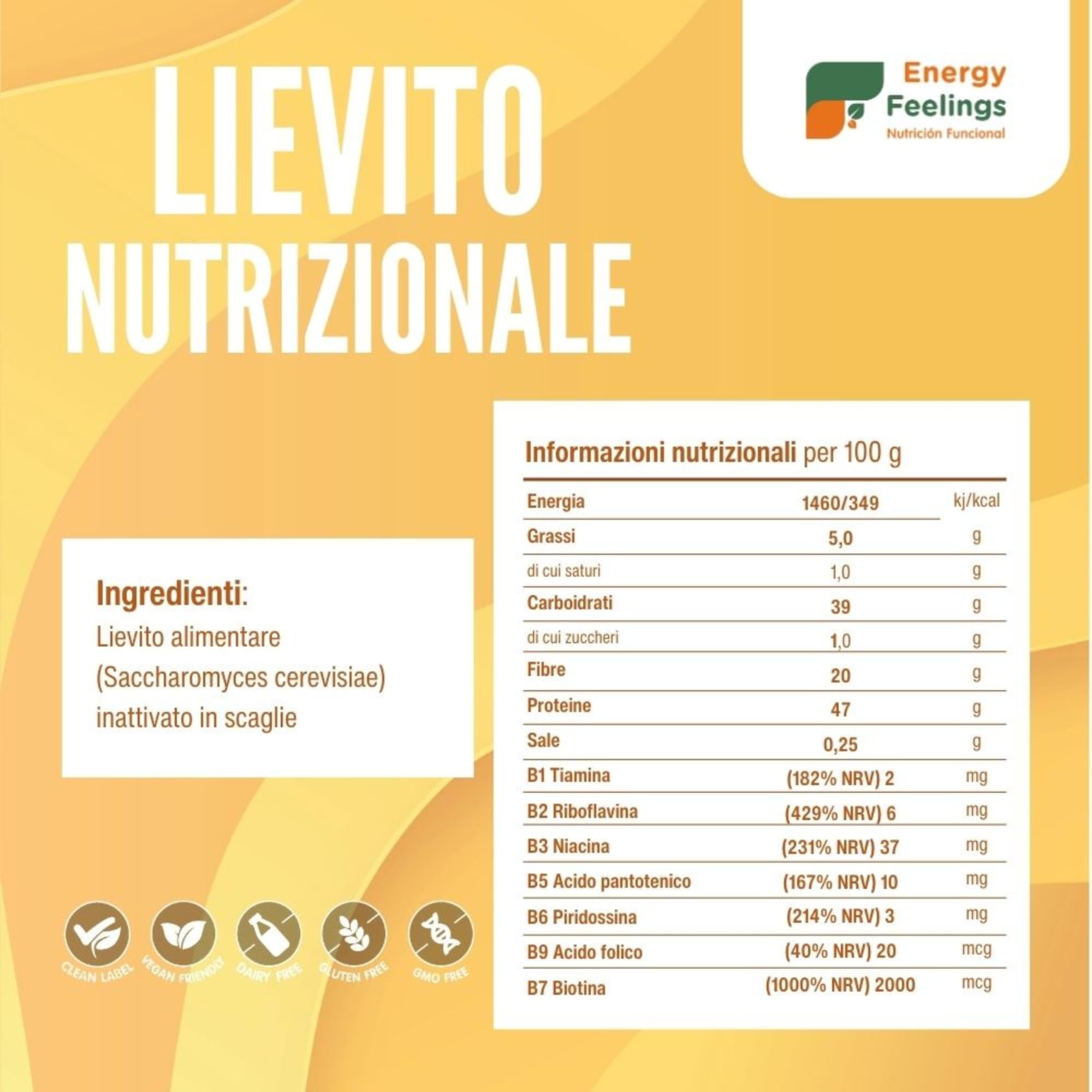 Energy Feelings Lievito Nutrizionale in Scaglie 1 kg. Lievito Alimentare Naturale Inattivo, Integratore Ricco di Vitamine B e Proteine 46%, in Fiocchi Senza Glutine e Vegano