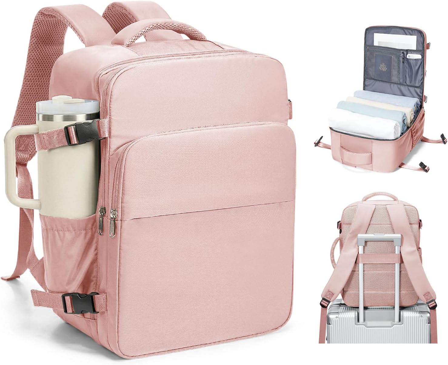 Travel Backpack with USB Charging Port, Airline Approved Personal Item Bag 40x30x20cm, Underseat Carry On Backpack for Women Men, Weekender Flight Bag with Tablet Sleeve, Pink