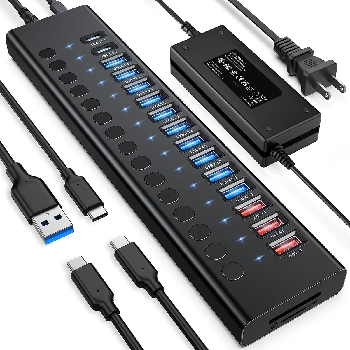 Powered USB Hub 10Gbps, 17 Ports USB 3.2 Hub, 96W Power Adapter | 10 USB-A 3.2, 3 QC 24W Fast Charging, 2 USB-C 3.2, SD/TF, 12V/8A Power Adapter for Laptop, PC, Computer, HDD, Flash Drive