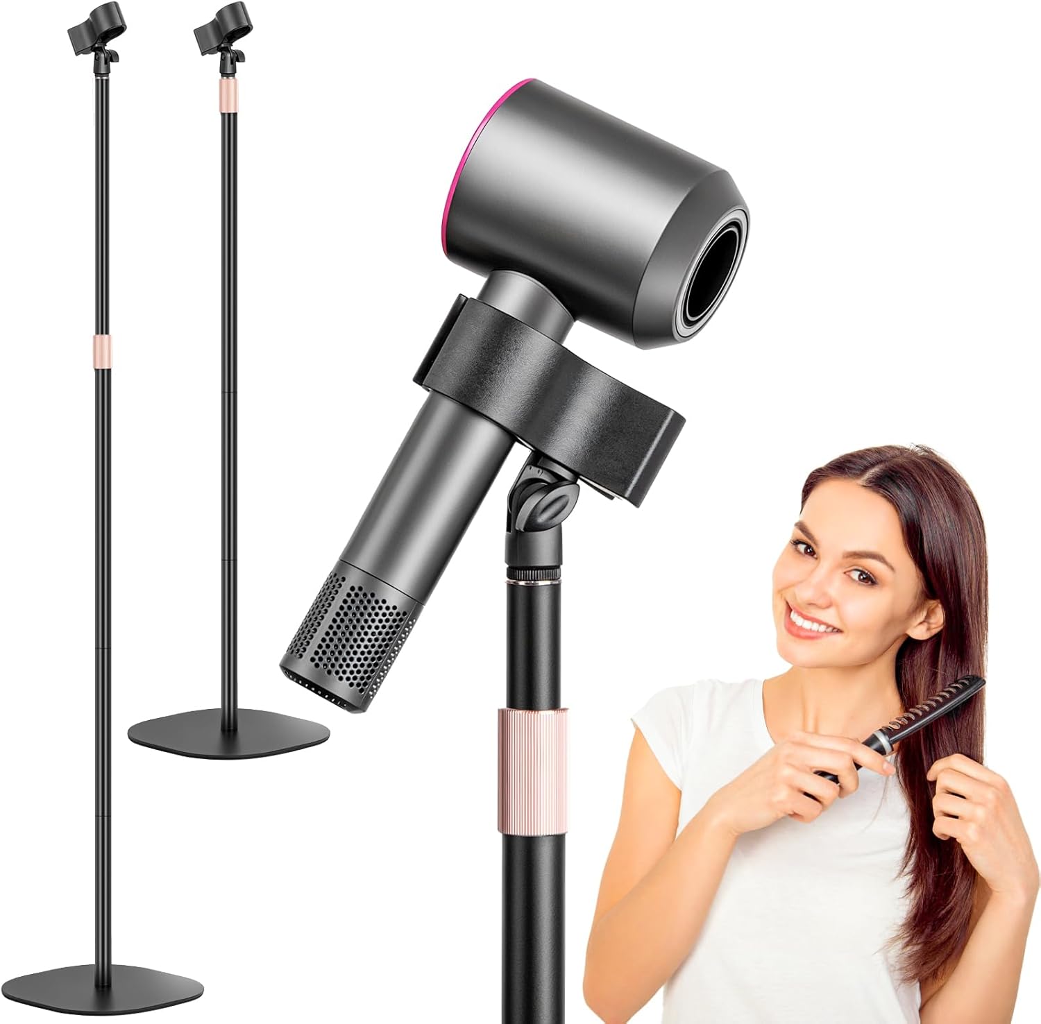 Hair Dryer Stand, 1.68M Height Adjustable Blow Dryers Holder, Ultra Stable Holder with 360° Rotating, Universal Clips, Work with All Dryer, Floor Dryer Stand for Salons or Home Use Floor Hair Dryer Stand