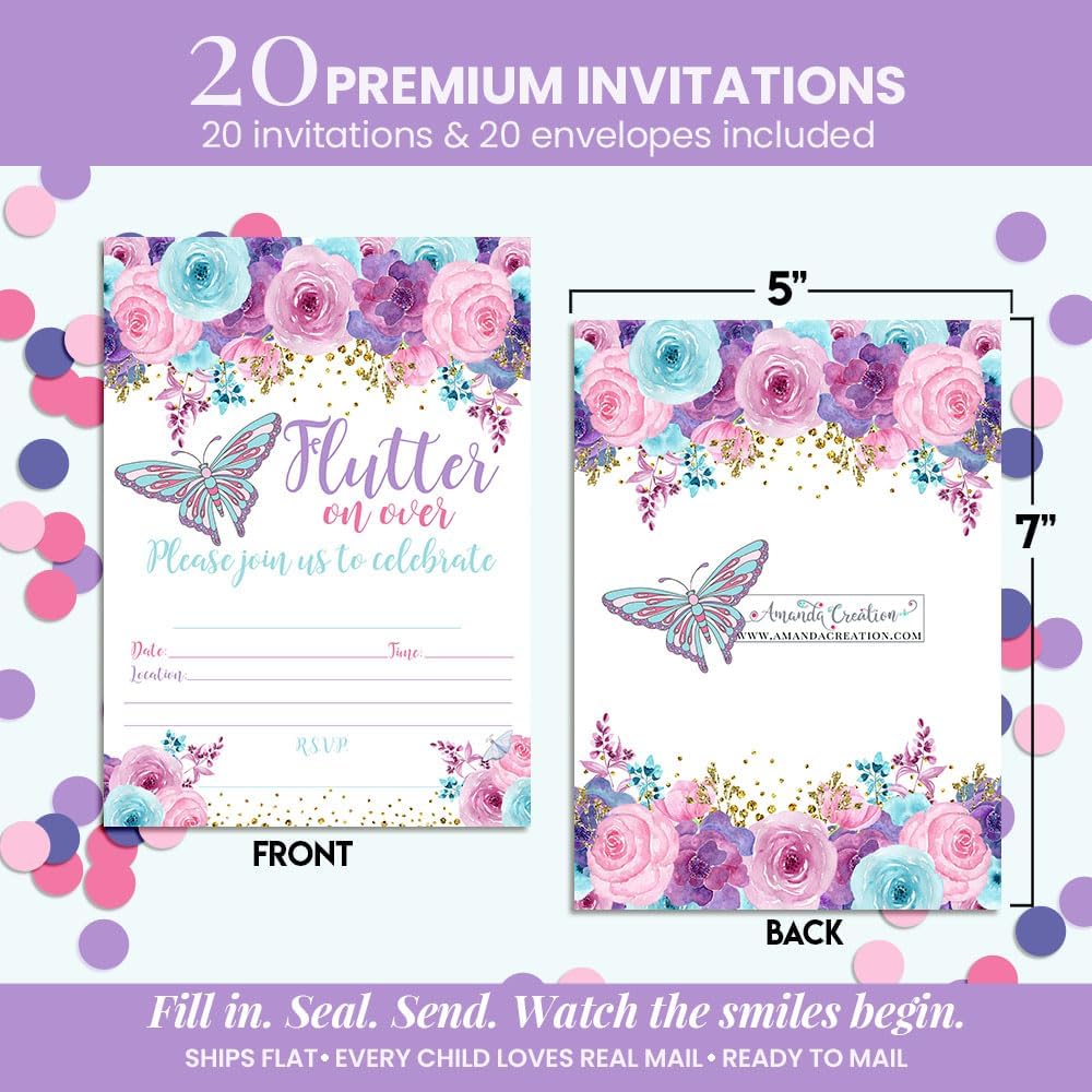 Amanda Creation Watercolor Floral Butterfly Birthday Party Fill In Style Invitations in pink, blue and purple. Set of 20 including envelopes