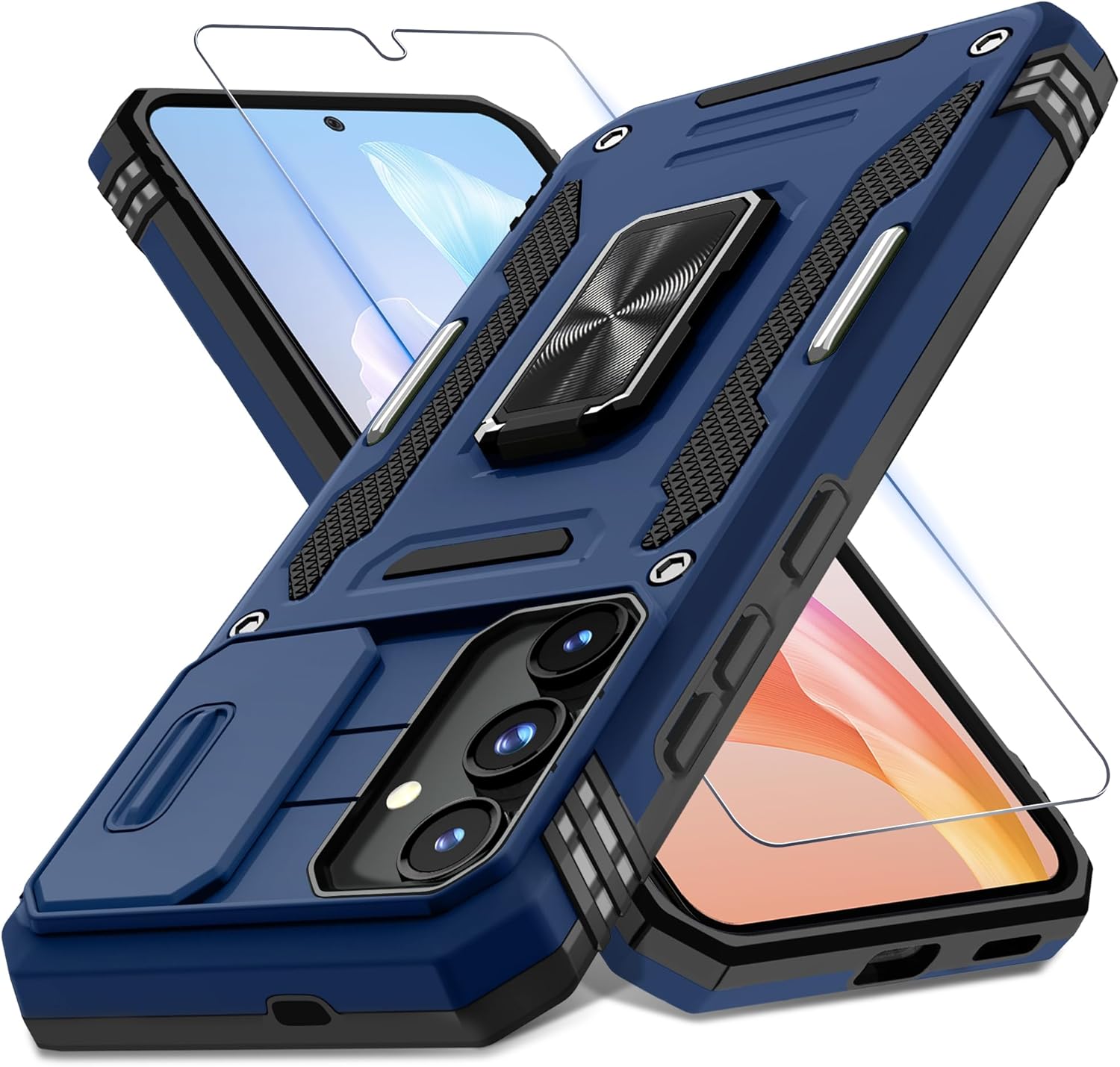 DEERLAMN Case for Samsung Galaxy S25+ Plus 6.7-Inch with Slide Camera Cover+Screen Protector(1 Pack), Rotated Ring Kickstand Military Grade Shockproof Protective Cover-Navy Blue