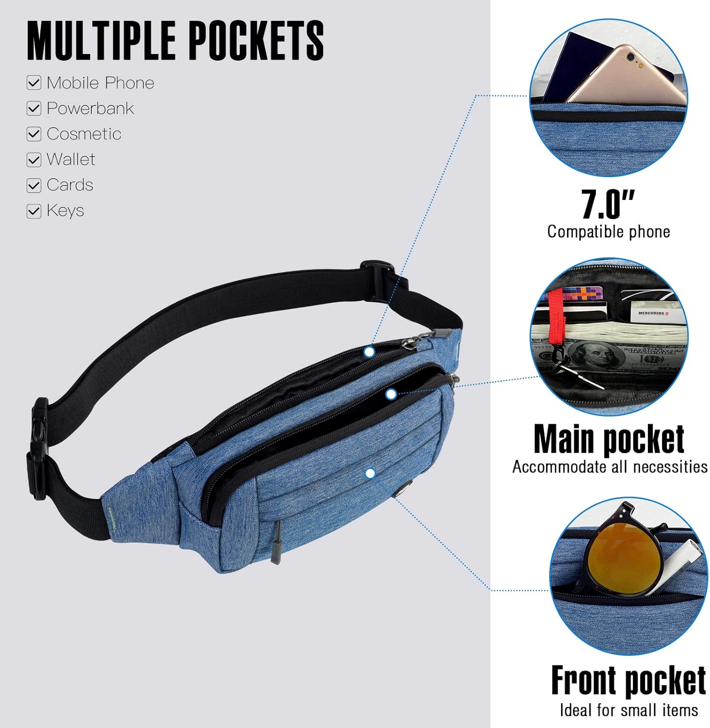 WATERFLY Fanny Pack Waist Bag: Small Hip Pouch Bum Bag Fannie Pack Phanny Fannypack Waistpack Bumbag Beltbag Sport Slim Fashionable for Jogging Hiking Hiker Woman Man - Image 2