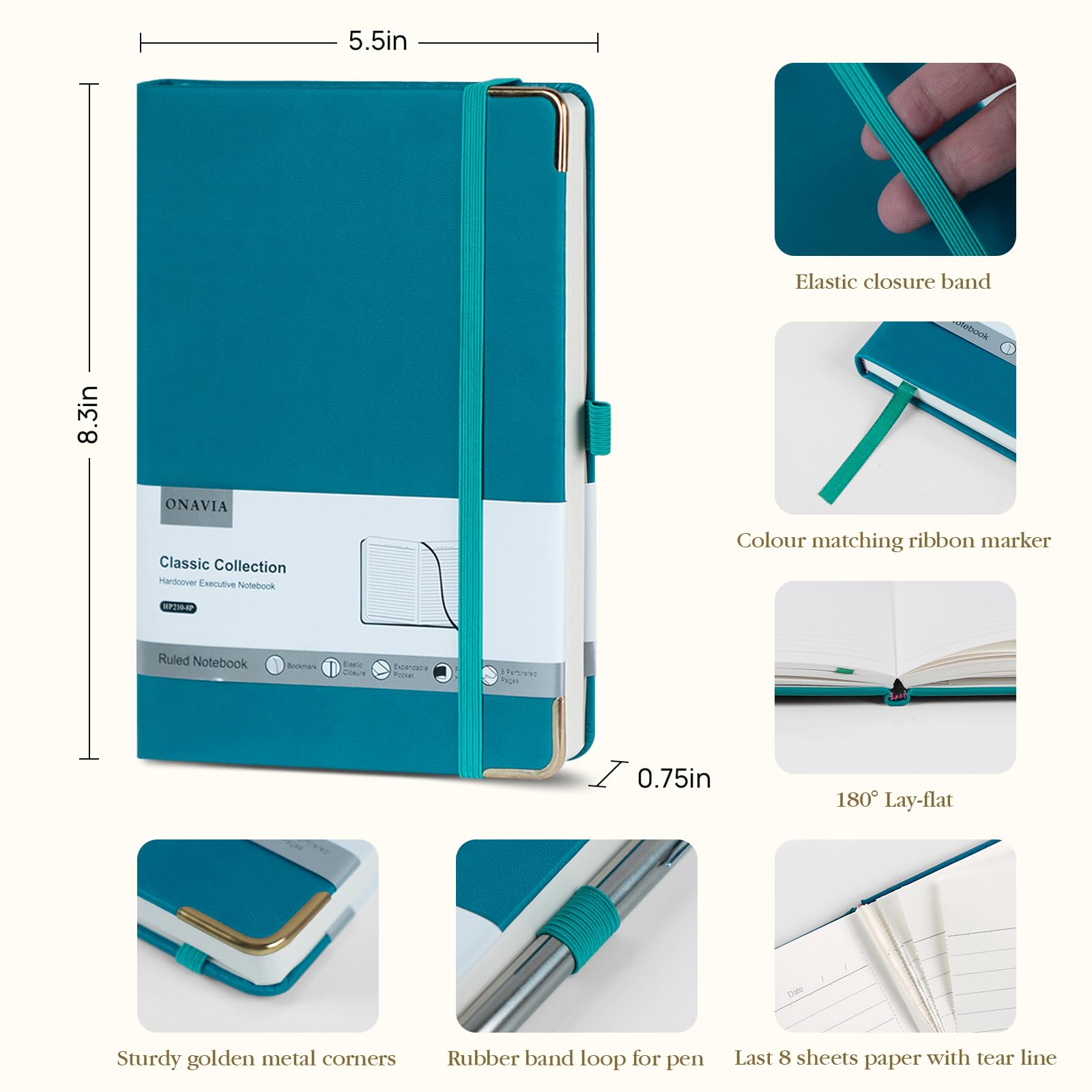 ONAVIA Quaderno a righe formato A5, carta spessa da 100 g/m², confezione da 4 quaderni con copertina rigida per scrittura, lavoro, viaggi, scuola, università, diari a righe per donne e uomini, in