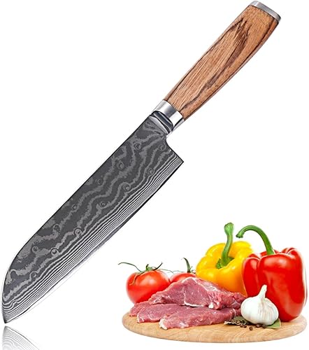 Cubertería Santoku Cuchillo - Japonés Vg10 Damasco 67-capas Acero - Mango de madera - 7" Gris plata