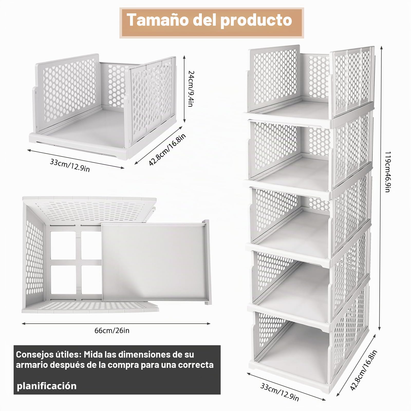 Paquete de 5 organizadores de almacenamiento para armario, organizadores plegables de armario, cajas de almacenamiento plegables apilables, organizador de cajones de plástico, cesta de ropa