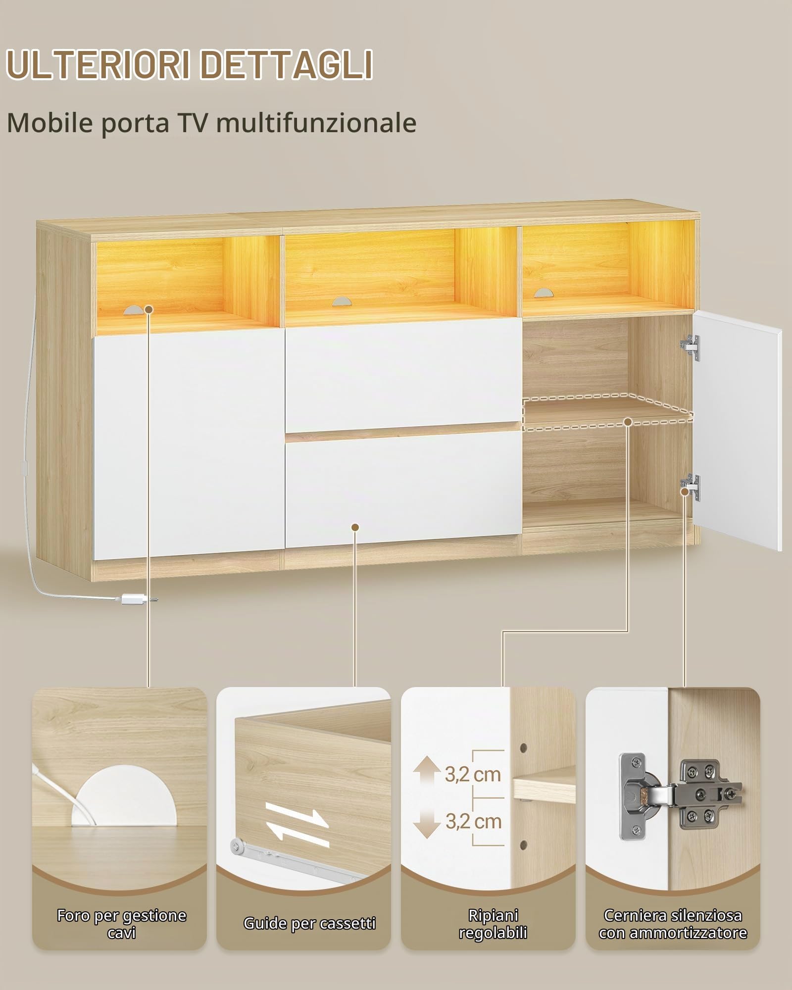 Hzuaneri Mobile TV, Luci LED, 147 x 40 x 76 cm Rovere e Bianco | 3 Scomparti Aperti, Tavolino Porta TV fino a 65 Pollici, con 2 Cassetti, 2 Gabinetto, Soggiorno, Camera da Letto, TV17031XEU