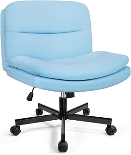 Waleaf Silla de oficina sin reposabrazos, silla de escritorio ancha de tela, tocador con ruedas, altura ajustable, silla para casa, oficina, dormitorio, soporta hasta 125 kg, color azul