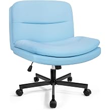 Waleaf Office Chair without Armrest Tailor Seat Chair with Wide Seat Dressing Table Chair with Wheels Ergonomic Height Adjustable Swivel Chair for Home Office Bedroom Fabric Blue