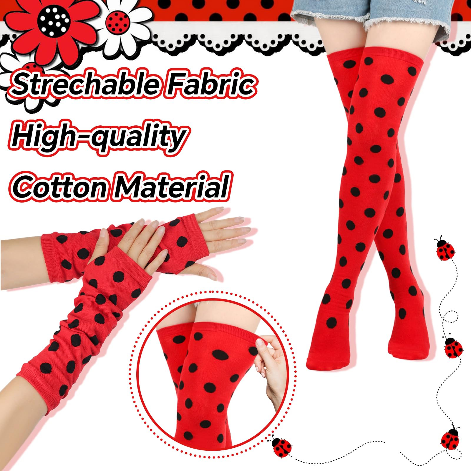 Xerteam Ladybird Costume Women, Lady Bug Wings Dresses Antennae Headband Arm Warmers Over-knee Socks - Image 4
