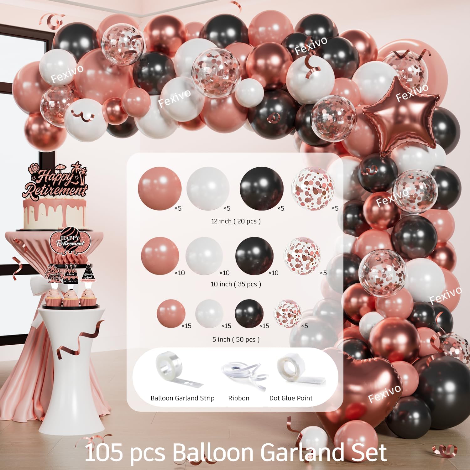 Retirement Decorations for Women, All-in-one Set, Happy Retirement Decorations Rose Gold Serves 25 with Backdrop Tableware Tablecloth Guest Book Sash Centerpiece Cupcake Topper Retired decorations