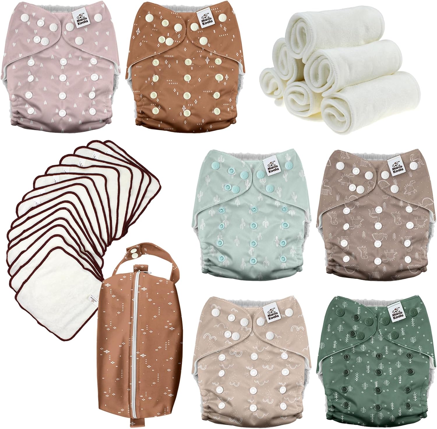 Mama Koala 3.0 Baby Cloth Diapers with 6 Inserts Bundle(Simply Neutrals), with 15 Pack Washable Cloth Diaper Wipes & 1ps of Waterproof pod