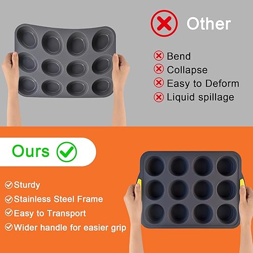 Miniatura 6 de Molde de silicona para magdalenas para hornear con marco reforzado de metal, bandeja plegable para magdalenas 12 tazas para hornear magdalenas