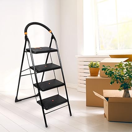 M Morris 4 Step Heavy Duty Foldable Metal Step Ladder with Anti-Skid Shoes and Extra Strong Wide Steps (Black)| Ladder | Ladder for Home |4 Step Ladder |