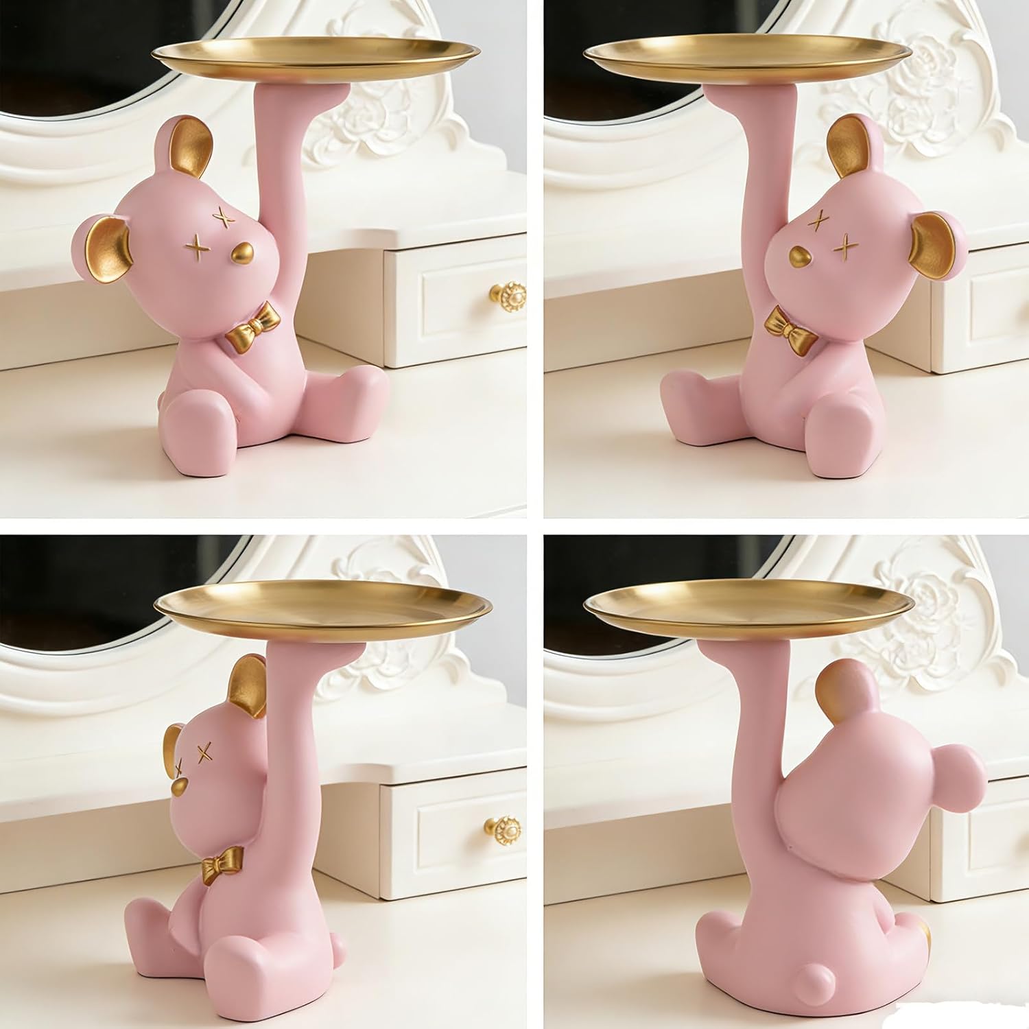 Bear Figurine Tray, Resin Key & Candy Dish Bowl for Entryway Table, Office Desk - Cute Key Holder, Funny Small Candy Dish, Home Decorations Indoor, Bear Home Decor Gift (pink)