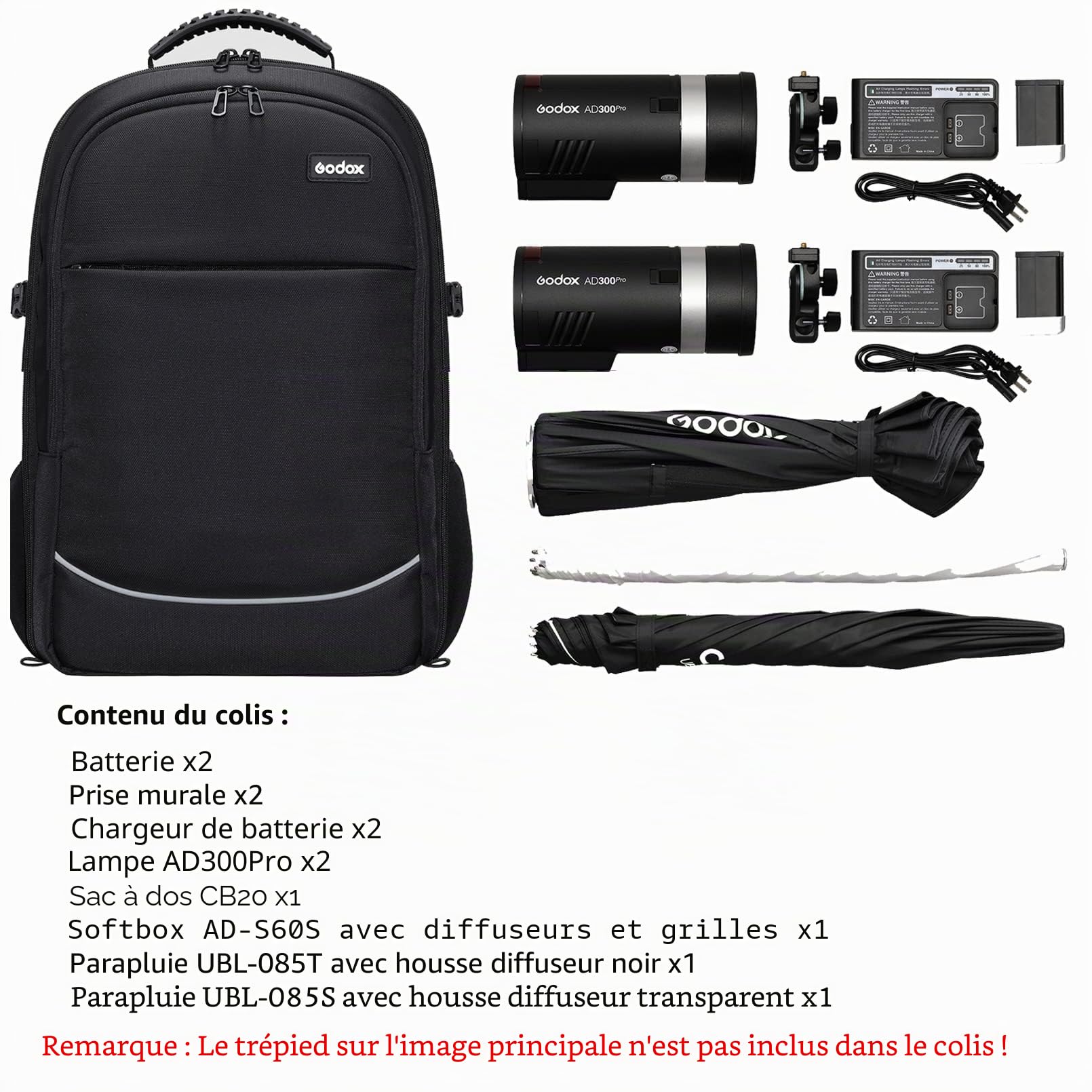 Godox AD300 Pro Kits d'éclairage Studio, AD300Pro Dual Flashes Backpack, 300W Flash de Extérieure 2.4G TTL 1/8000s HSS Speedlite, avec Godox AD-S60S Boîte à Lumière, 320 Flashes à Pleine Puissance