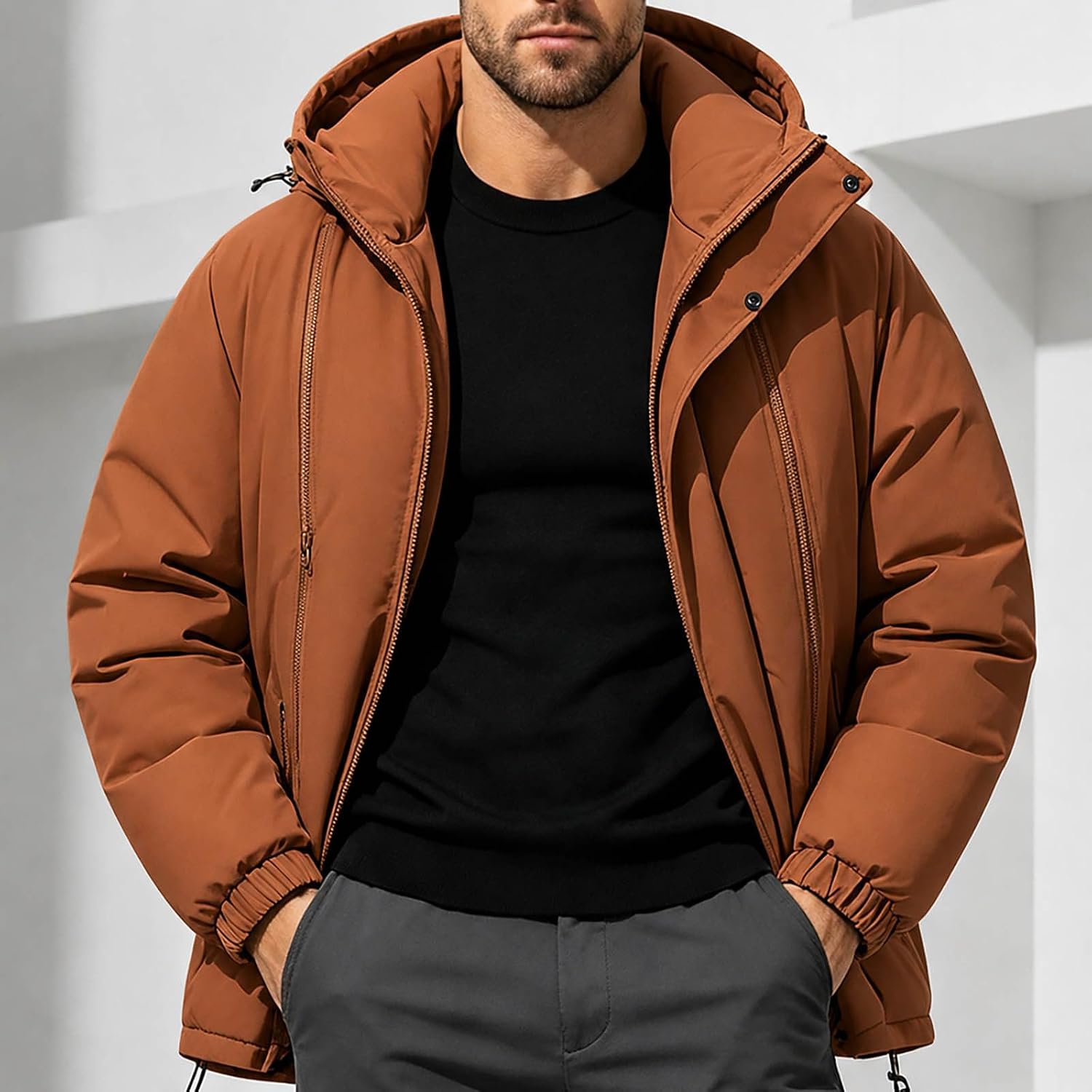 Men's Hooded Puffer Jacket Winter Warm Thermal Quilted Coat