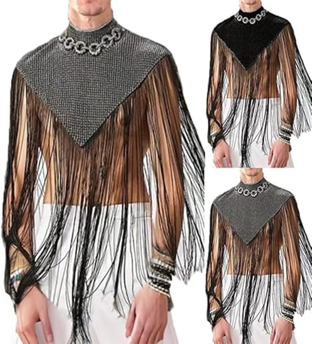 Men's Long Tassel Shrug Shoulder Pads Tank Top Clubwear Disco Rave Outfits Patchwork Sequins Fringe Outwears - Image 4