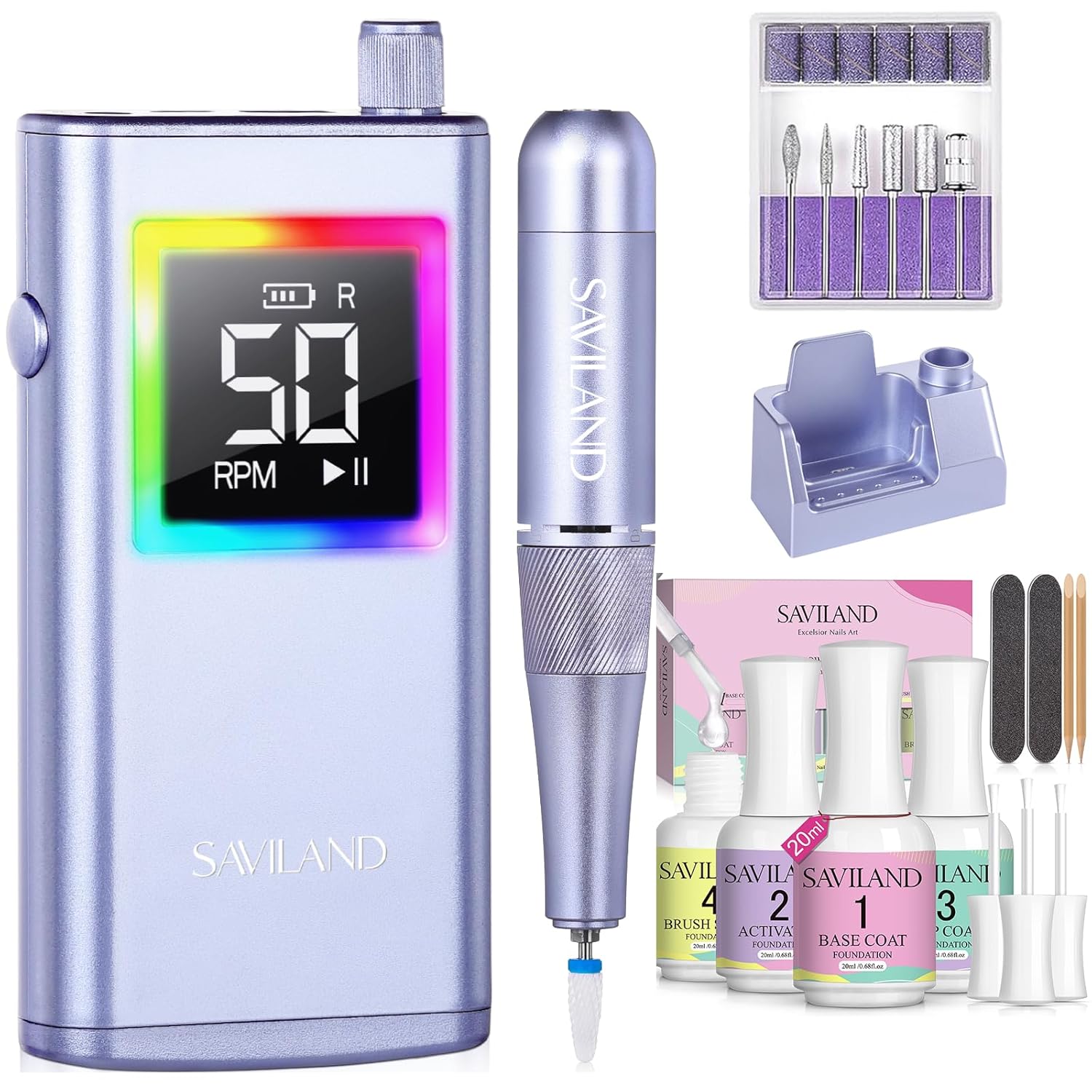 SAVILAND Dip Powder Liquid Set: 20 ml Ultimate Nail Dip System 50000 RPM Nail Drill Professional: 10S Fast Removal Electric Nail File Portable Nail Filer Electric
