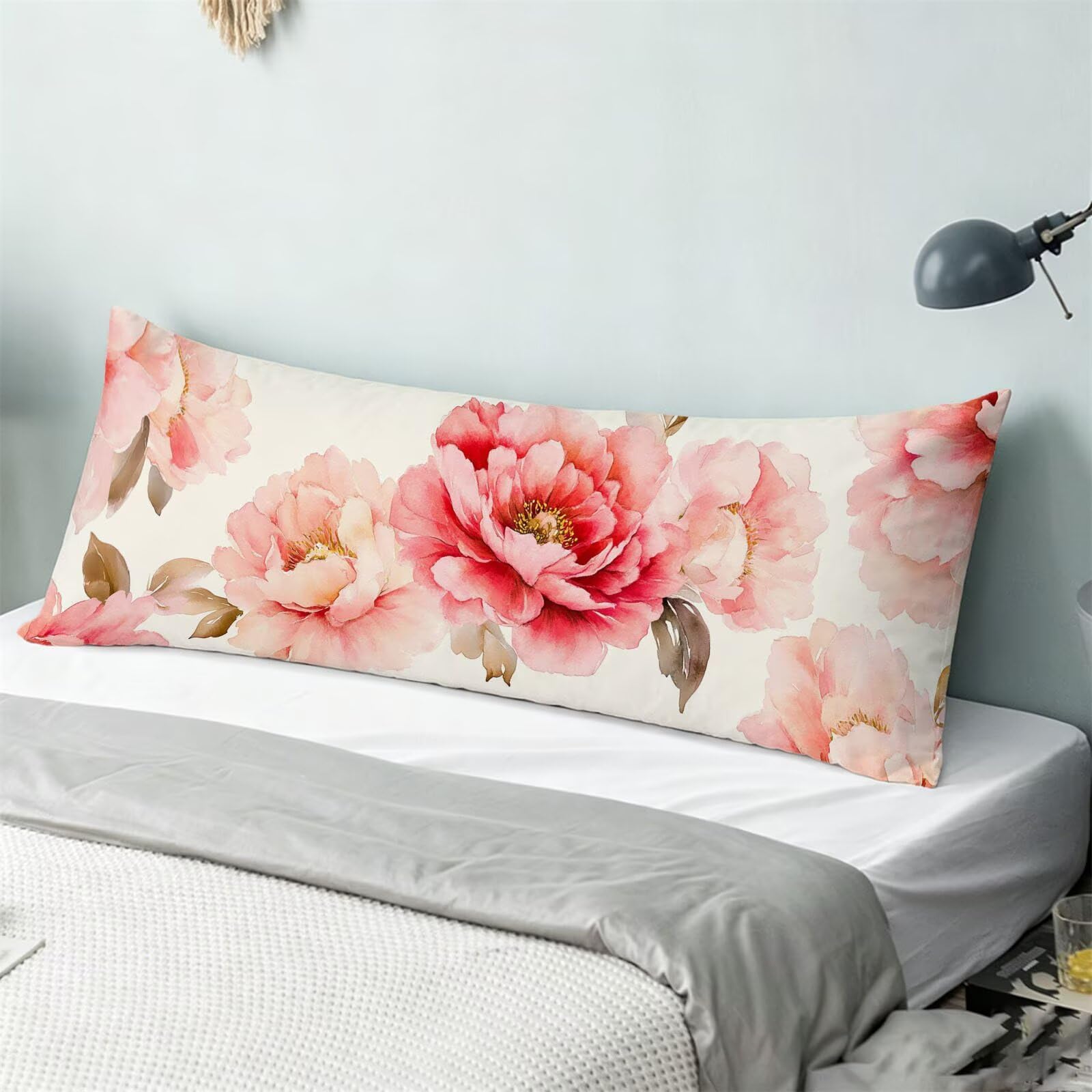 Funda de Almohada 60 x 180 cm Rosa Protector Almohada 180 cm con Cremallera Invisible, Lino Durable y Transpirable Pillow Case Largas Peonía Impresión a Doble Cara para Cama, Sofá y Dormitorio dg-315